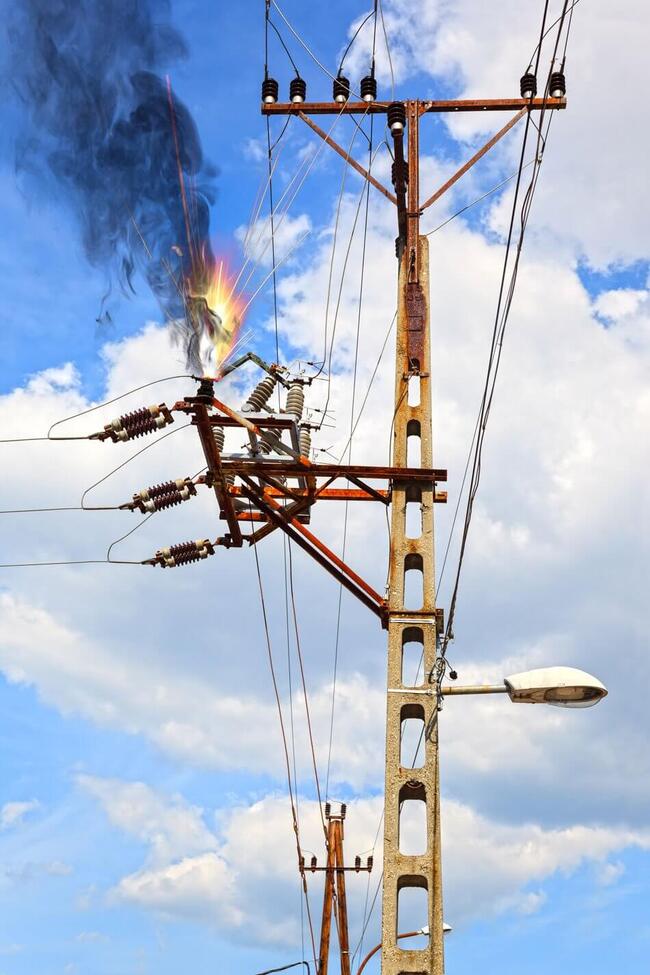 overhead powerline on fire