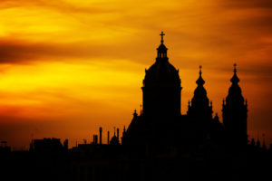 Dark silhouette of the church during sunset.