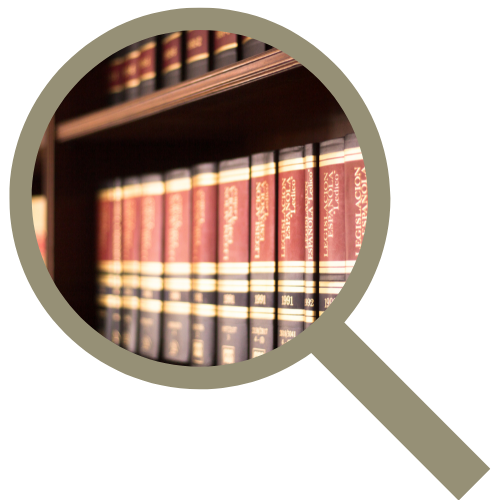 magnifying glass graphic with law books on shelves within